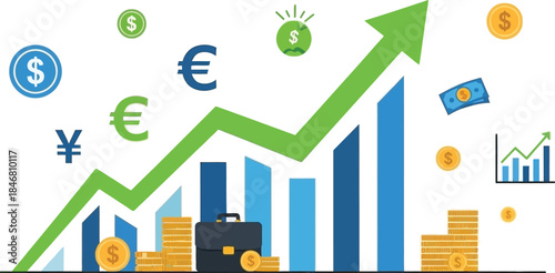 Financial growth chart with currency symbols and increasing trend