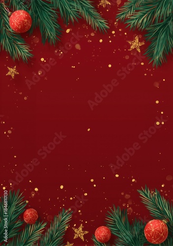 Christmas Background with Pine Branches, Red Baubles and Gold Stars