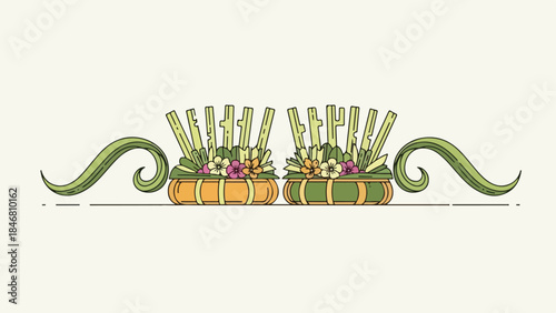 Traditional Balinese Canang Sari offerings with decorative green leaf scrolls.