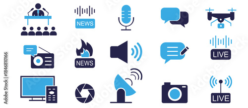 set of Mass Media editable icons with containing news,podcast,live,breaking news,mass media,message,radio,camera,speaker etc Solid vector icon symbol illustration