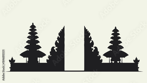 Detailed silhouette illustration of a traditional Balinese temple gate with tiered structures, a classic architectural design.