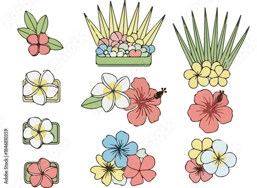 Collection of colorful tropical flowers and floral arrangements in a vector illustration style.