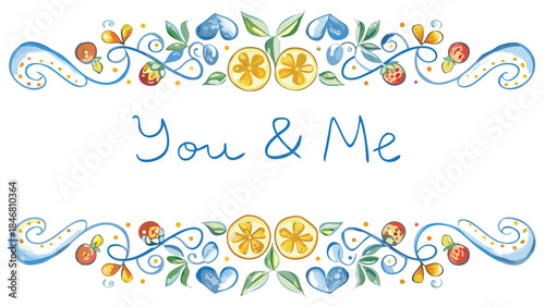 Colorful floral swirl design with fruit accents and shiny elements on white background, you me text illustration