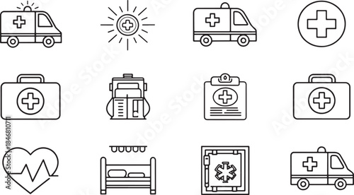Medical Healthcare Line Icons Set Illustration – Hospital Emergency Equipment, Doctor Tools, Ambulance And Health Symbols Vector