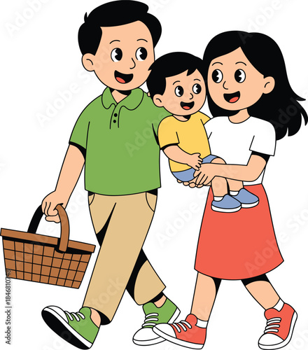 Happy young family walking together with child, parents bonding outdoors, parenting lifestyle concept, love and care, flat cartoon illustration