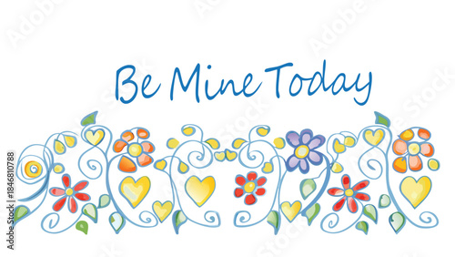 Colorful valentine illustration with blooming flowers and hearts on white background, perfect for romantic designs