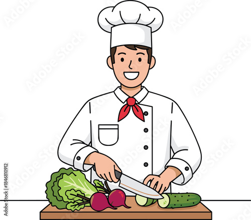 Smiling chef cutting fresh vegetables on wooden board, professional kitchen cooking illustration, healthy food preparation concept for restaurant menu design