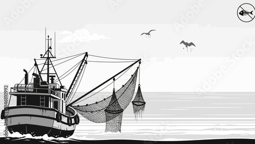 Fishing boat with nets and seagulls flying overhead at sea