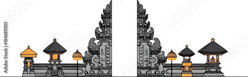 Pixel art illustration of a traditional Balinese temple gate, known as Candi Bentar, featuring ornate carvings, decorative side shrines, and golden umbrellas.