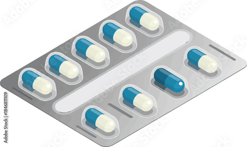 Blister pack of blue and white capsule pills for pain relief and medication treatment in isometric view on transparent background