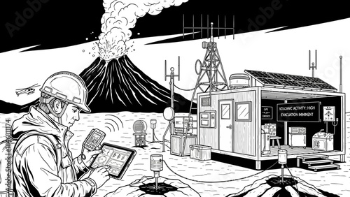 Volcanologist monitoring eruption with equipment and technology