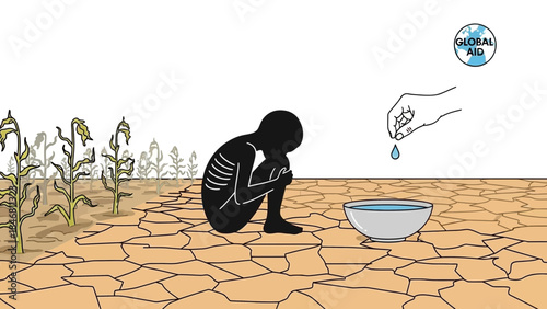 Desperate person in drought relief scenario with global aid