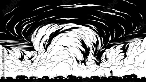 Dramatic black and white tornado approaching small town