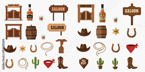 Collection of Wild West and Cowboy Themed Elements with Saloon Doors, Whiskey, Hats, and Cactuses.