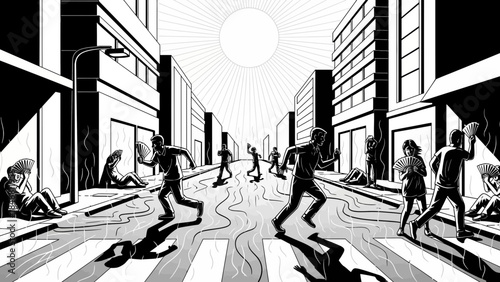 People struggle with heat in a city street