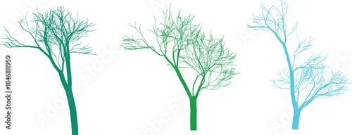 Teal green and light blue bare tree silhouettes on checkered background elements