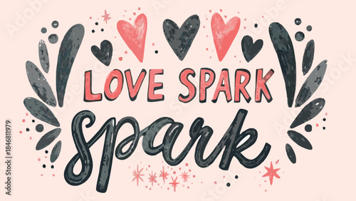 Hand drawn pink and black ink stamp with loose ink and hearts for love and spark theme on beige background