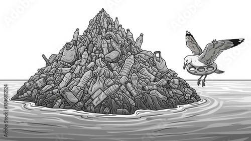 Seagull approaches massive ocean pollution pile