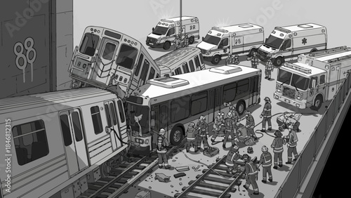 Emergency responders react to train and bus accident scene