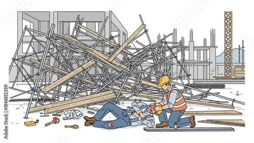 Construction workers responding to accident on site with care