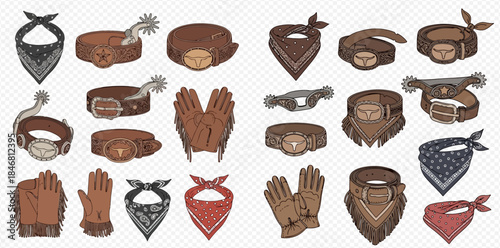 Collection of various western cowboy accessories including bandanas, belts, spurs, and gloves on a transparent background.