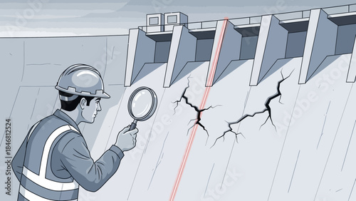 Engineer inspecting dam for cracks with magnifying glass