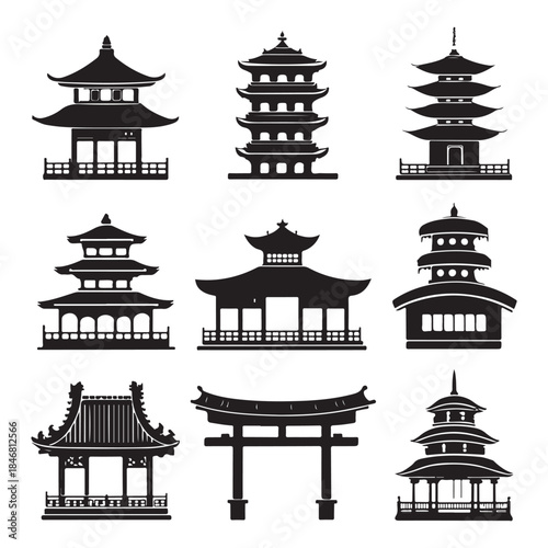 Asian Architecture Icon Set, A comprehensive collection of black silhouette vector icons featuring traditional Asian temples, pagodas, gates, and bridges (1).eps