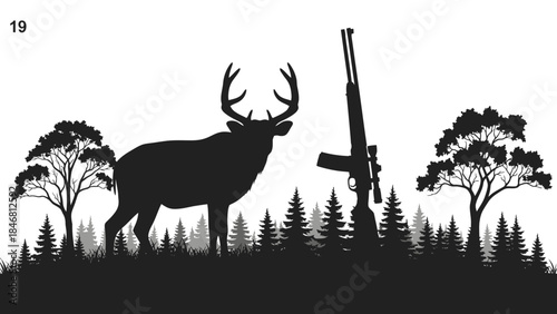 Deer and rifle in forest landscape silhouette
