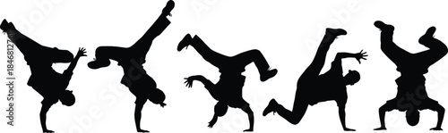 Five breakdancers performing dynamic power moves in silhouette