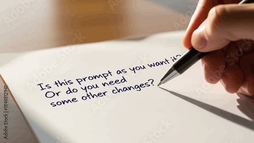 Hand holding pen writing on paper with prompt for changes