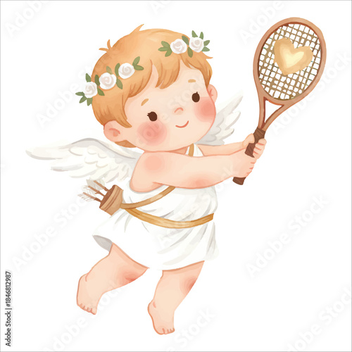 Cute Cupid Angel Tennis Backhand Stroke Watercolor Vector Illustration Isolated on White Background
