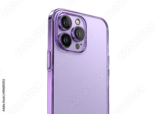Sleek smartphone in Purple Case: A modern smartphone encased in a vibrant purple case showcases its sleek design and camera system.