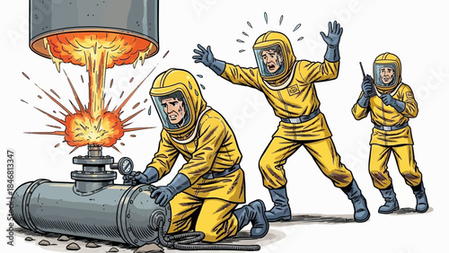 Workers in hazmat suits responding to industrial pipe explosion