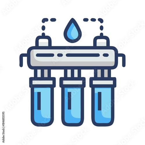Vector illustration of a water filtration system icon with three blue cartridges and a water droplet
