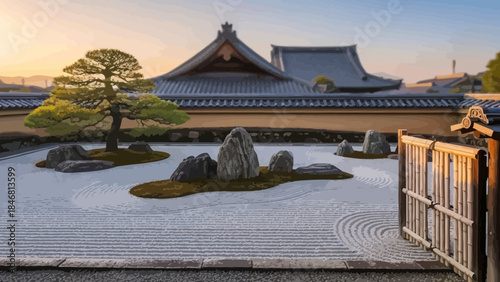 Serene Japanese Zen garden at sunset with traditional architecture