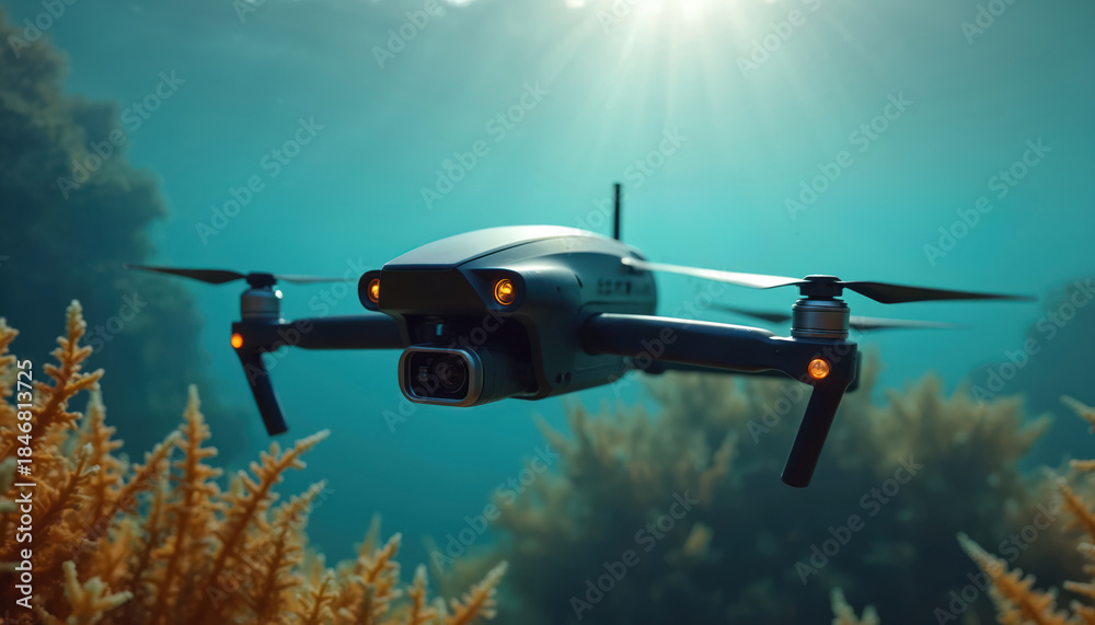 Naklejka premium Underwater drone flies near coral reef exploring ocean depths. Robotic device studies marine life with advanced camera and sensors. Future tech aids aquatic research and nature observation.