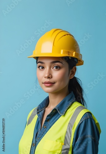 Young Female Construction Worker Wearing Safety Gear and Hard Hat