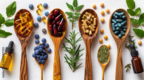 nutraceutical wellness product, Colorful assortment of pills and herbal ingredients displayed in wooden spoons