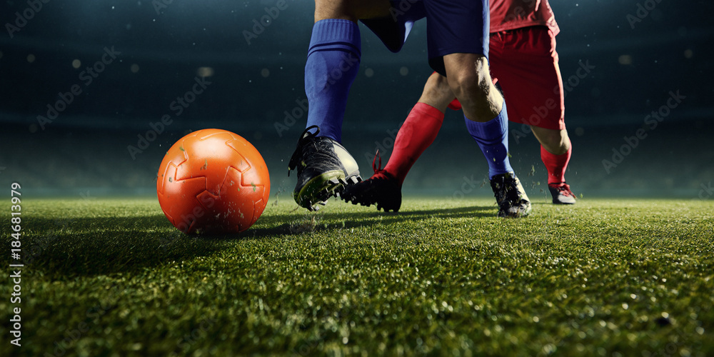 Naklejka premium Close range two football players boots in contact with ball. Concept of soccer boot detail, confident control, professional equipment performance, technical precision, gear promo, athletic focus.