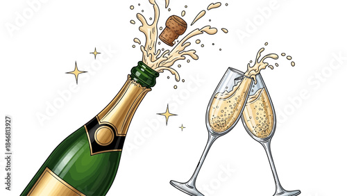 Champagne bottle popping with glasses clinking in celebration