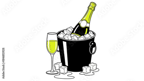 Champagne bottle in ice bucket with glass of bubbly drink