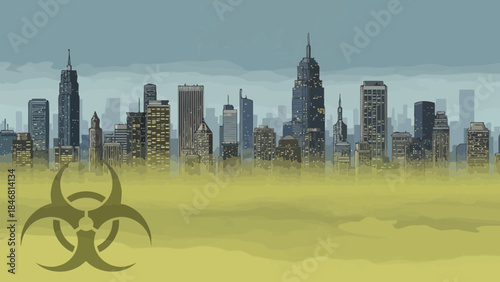 Post-apocalyptic cityscape with biohazard symbol and yellow haze