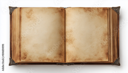 Open antique book with blank aged pages, isolated on white background.