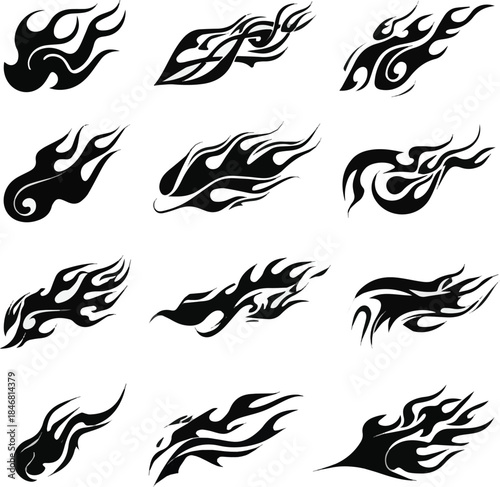 Set of black and white tattoo. Flame decal. Fire abstract black silhouette flames for race car or tattoo. Tribal flame hotrod car vinyl decals and motorcycle airbrush stencil. 
