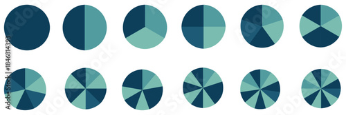 Pie chart set. Colorful diagram collection with sections or steps. 1,2,3,4,56,7,8,9,10,11,12 segment infographic. Circle pie chart diagram. Set of colorful pie charts with varying segments. eps 10