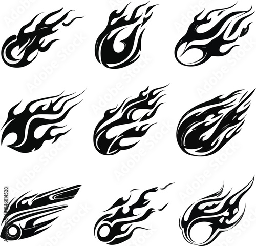 Set of black and white flames.Flame decal.Fire abstract black silhouette flames for race car or tattoo. Tribal flame hotrod car vinyl decals and motorcycle airbrush stencil. Burning element vector set