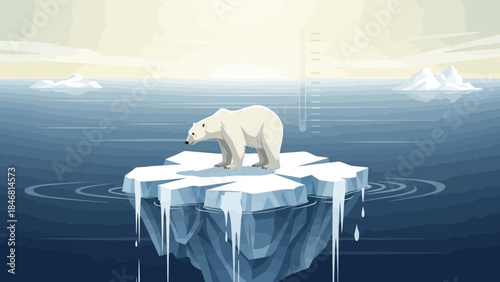 Polar bear on melting iceberg in Arctic ocean landscape