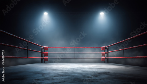 Empty wrestling ring under dramatic spotlights in a smoky arena.
