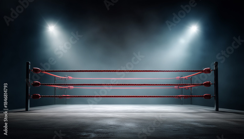 Empty wrestling ring under dramatic spotlights in a smoky arena.