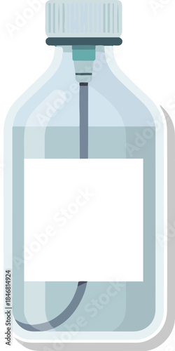 clear glass bottle with blue liquid and white label, medical solution container for medicine or treatment, dropper inside